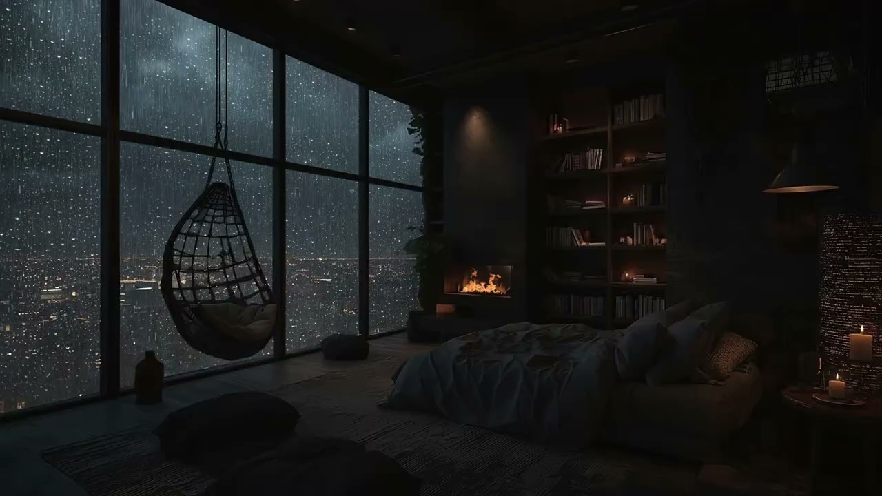 Rain on Window in a Cozy Dark Room ~ Fireplace Crackle & Thunder Sounds for Deep Sleep 