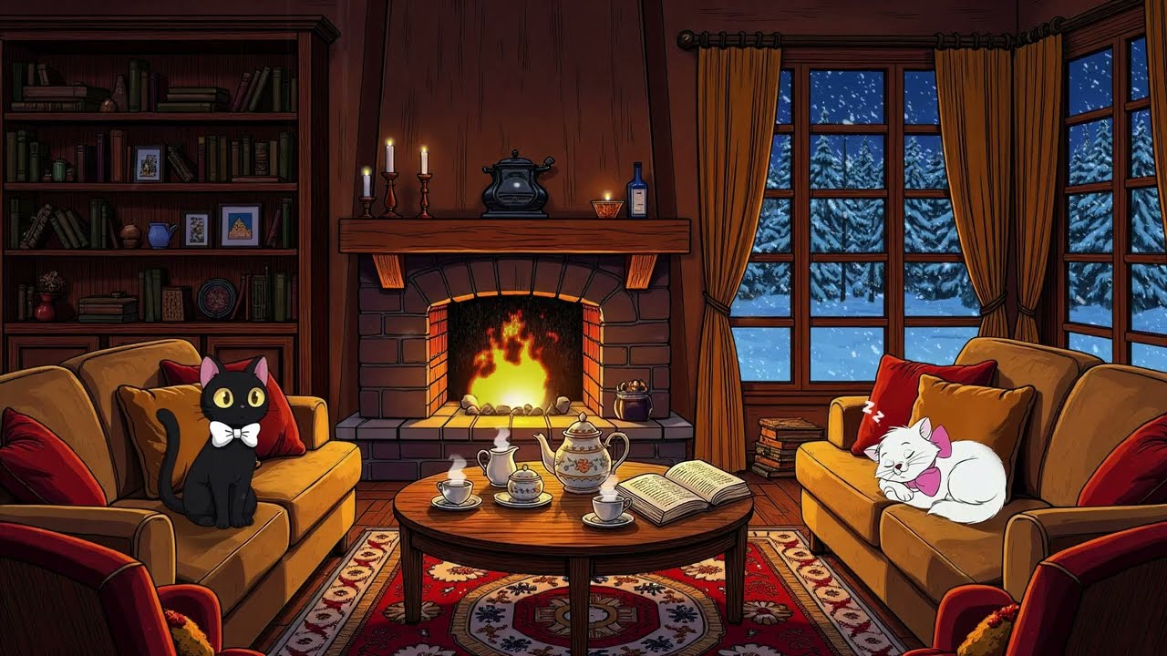 1930's vintage winter night with oldies playing in another room by the warm fireplace