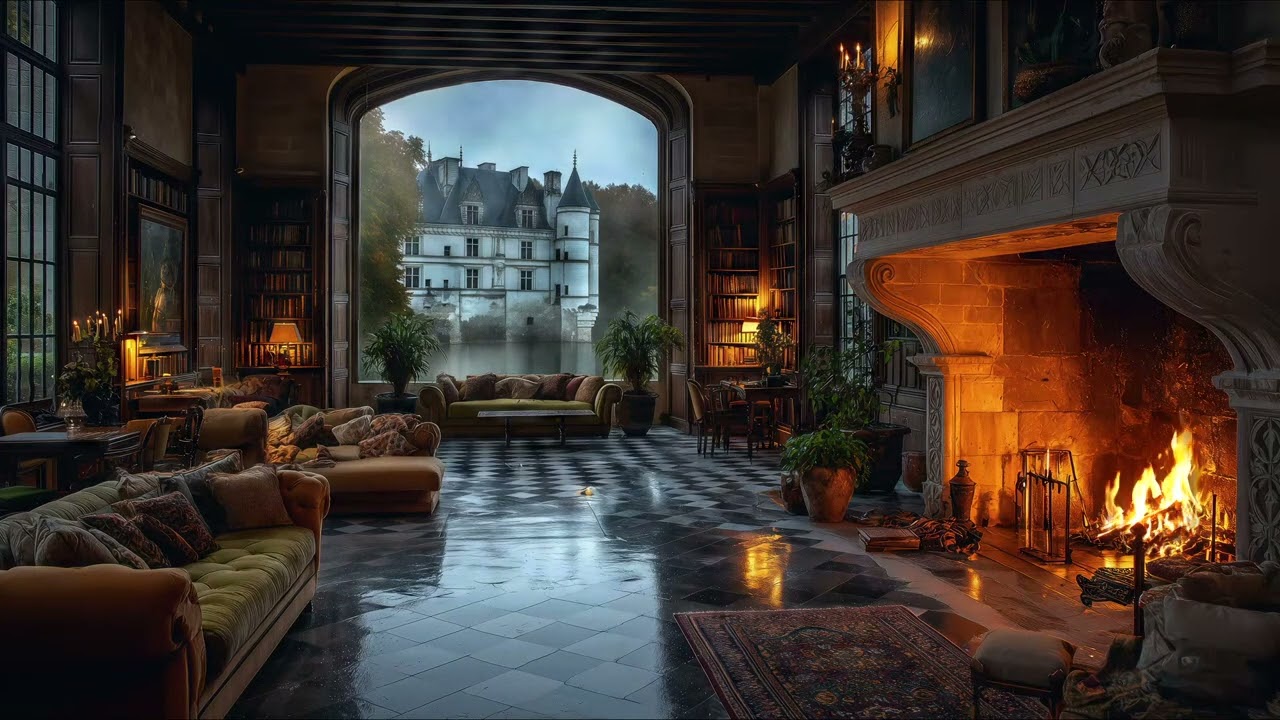 Foggy Château Lounge Ambience | Crackling Fireplace, Cozy Study & Quiet Calm