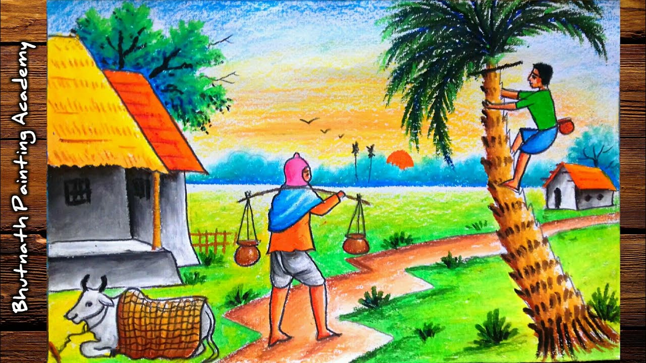 winter season drawing scenery||village nature