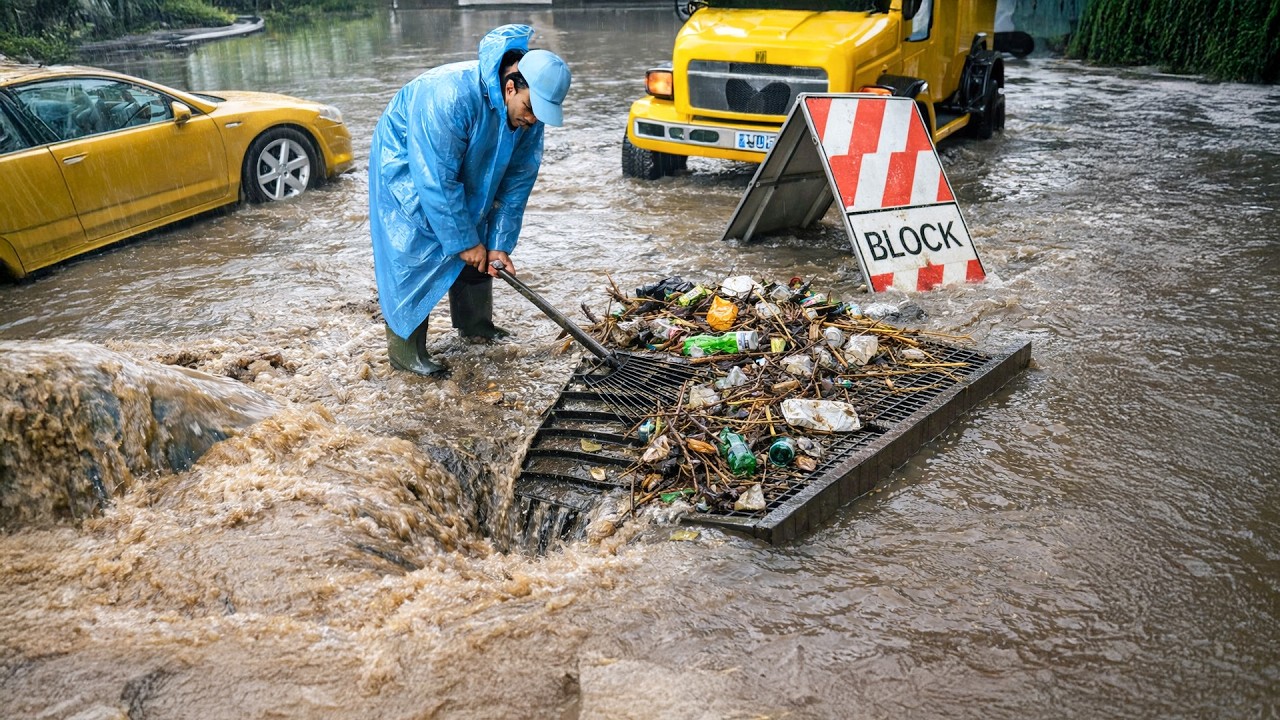 Massive Storm Drain Unclogging After Downpour
