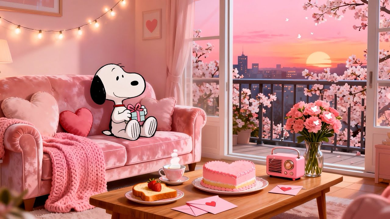 Snoopy’s Valentine Sunset Evening 💖 Cozy Pink Room Aesthetic 🌸 Soft Jazz for Love & Relax