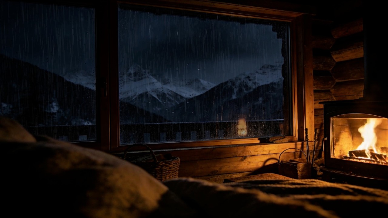 Morning Rain & Fireplace in Snowy Mountains 🌧️ Cozy Cabin ASMR for Relaxing Wake-Up (No Ads)