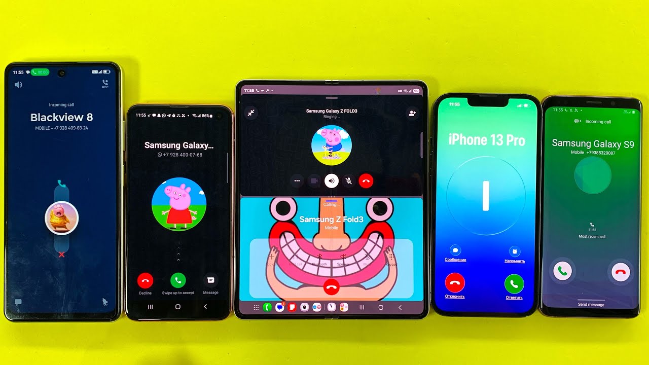 Samsung Z Fold3 + S10e +S9 + IPhone 13 Pro + Blackview 8 Incoming Outgoing Call + WhatsApp 
