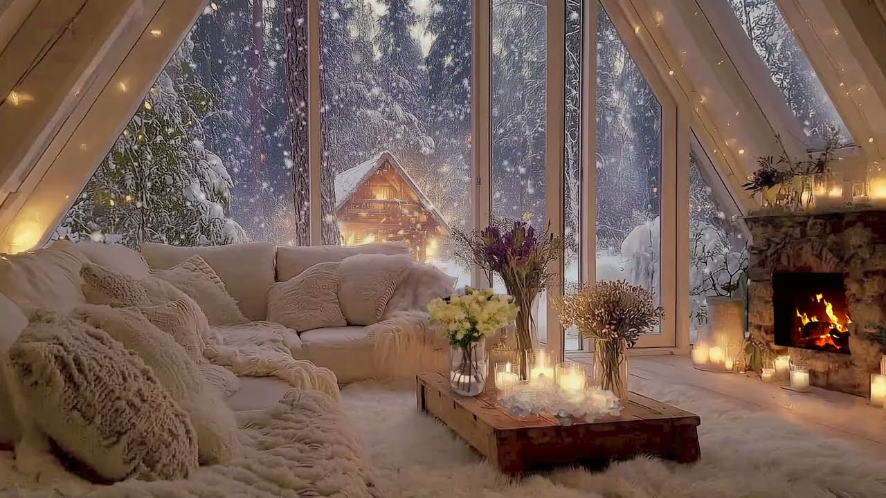 ❄️Quiet Winter Piano Lounge | Snow Outside & Warm Fire Inside | Focus Study Sleep