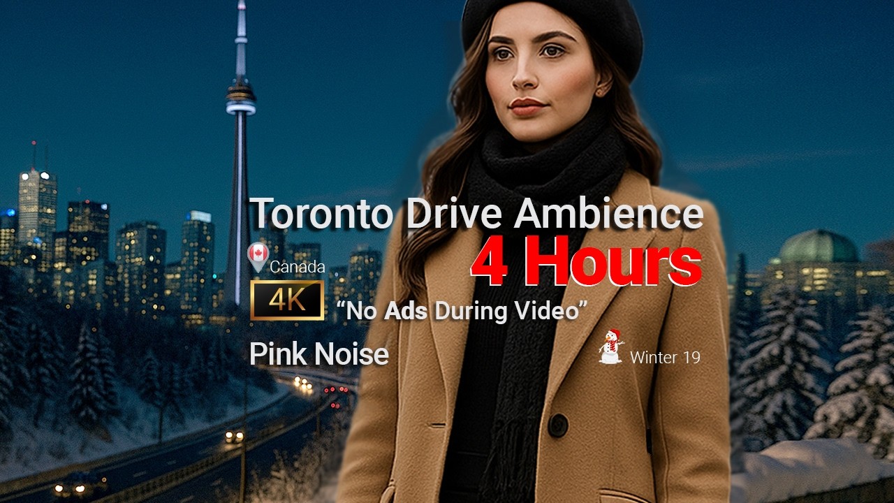 Toronto Driving Ambience 4 Hours  🇨🇦  Winter ☃️ Relaxing 4K Dash-cam + Pink Noise No Ads + Loop