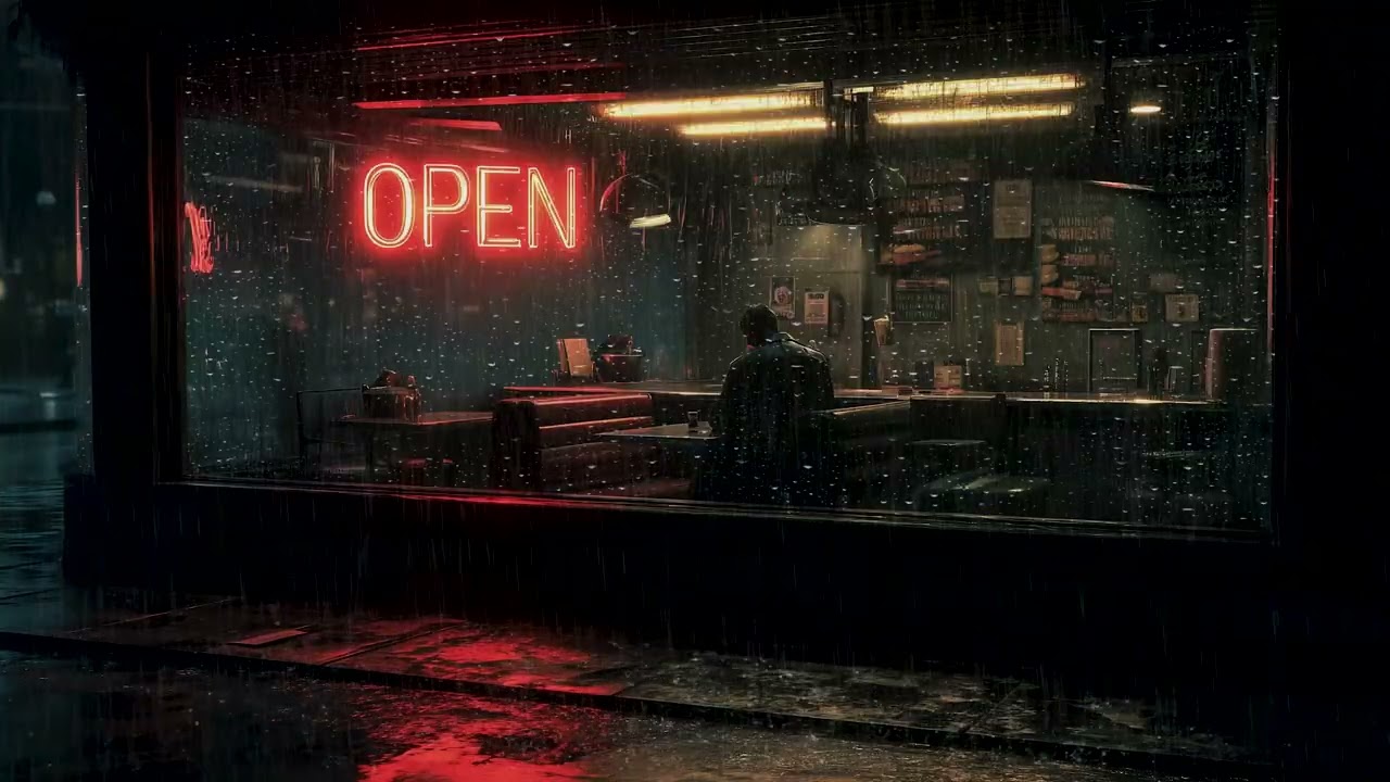 A lonely late night diner scene with a man during steady rain | Rain Sounds ASMR