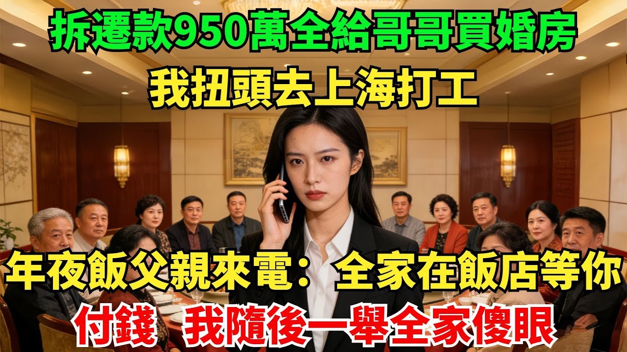 拆遷款950萬全給哥哥買婚房，我扭頭去上海打工，年夜飯父親來電：全家20口在飯店等你付錢，我隨後一舉全家傻眼#故事頻道#感人壹幕#老年生活#奇聞#情感小説#幸福人生