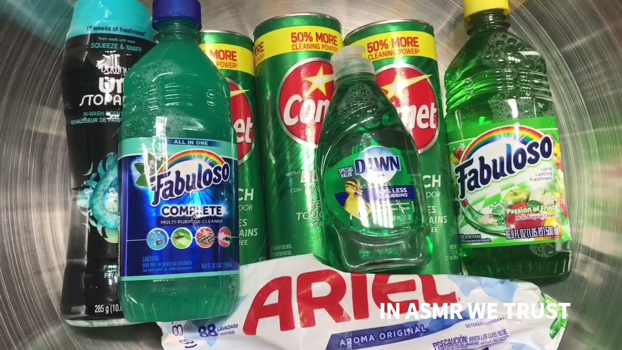 ASMR 💚 Fabuloso Paste with Downy Unstoppables, Comet Bleach Powder, Blue Ariel, and Green Dawn
