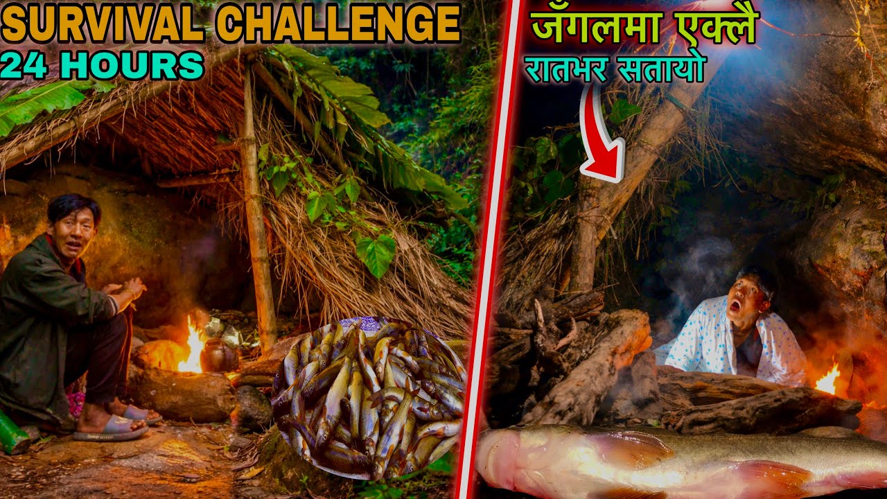24 hours Survival Challenge ! Fishing and Camping in The Wild ! Building Bushcraft Shelter in Jungle