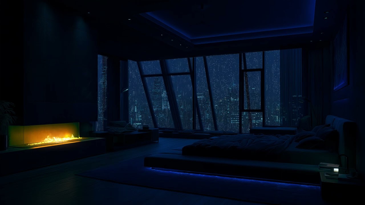 Midnight Rain in the City 🌙 | Calming Piano & Fireplace Ambience to Sleep Better & Boost Focus