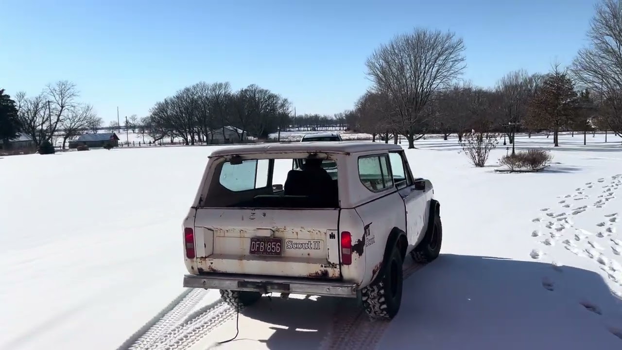 Taking the 1980 Diesel scout for a ride in the snow.
