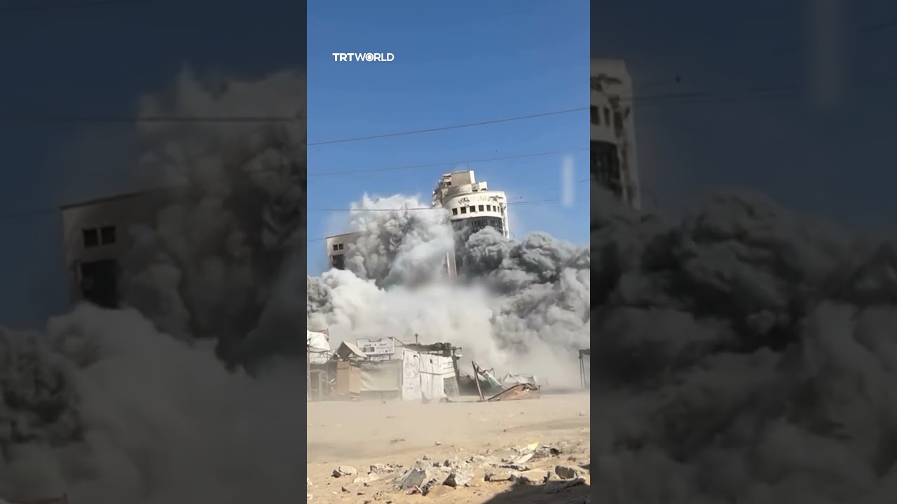 Israeli air strikes destroy al Roya Tower in Gaza City