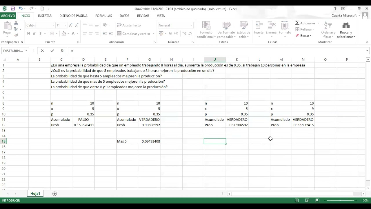Probabilidad binomial, ejercicio en Excel