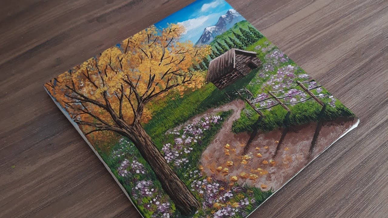 Paisagem casa de campo, pintura com tinta acrílica , para iniciantes