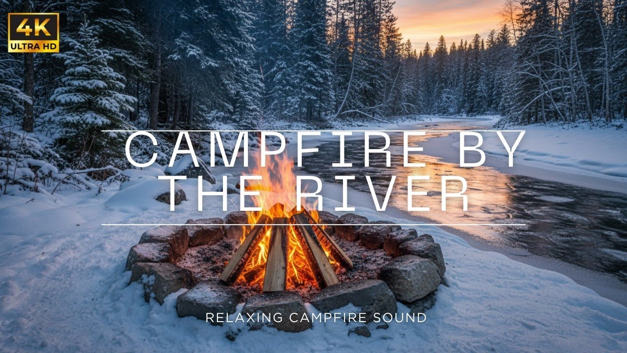 Cozy Winter Campfire by the Frozen River ❄️🔥 | Relaxing Ambient Visuals for Deep Calm