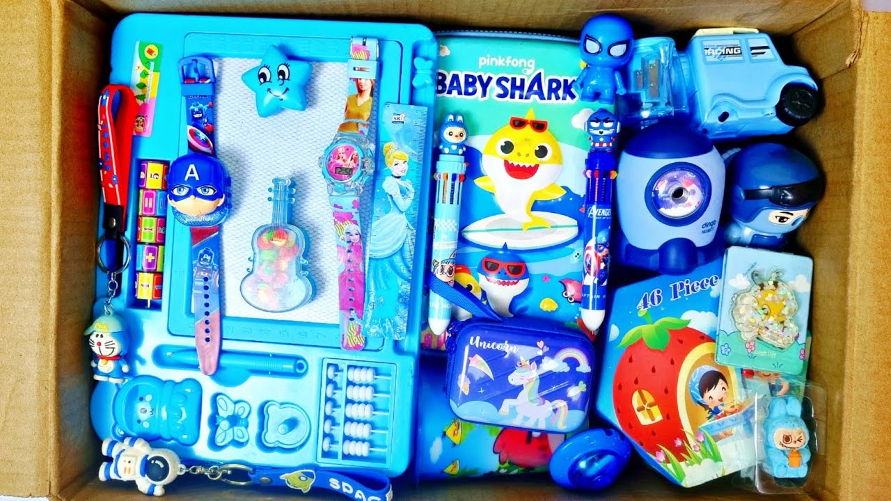 Unboxing blue stationery items - writing board, pencil box, eraser, Dairy, PiggyBank, Sharpener, pen