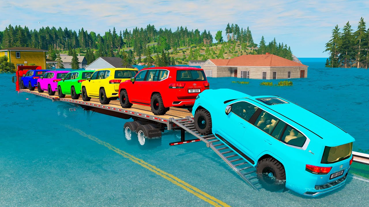 Triple Flatbed Trailer McQueen Transportation with Truck - Speedbumps vs Cars vs Train - BeamNG #257