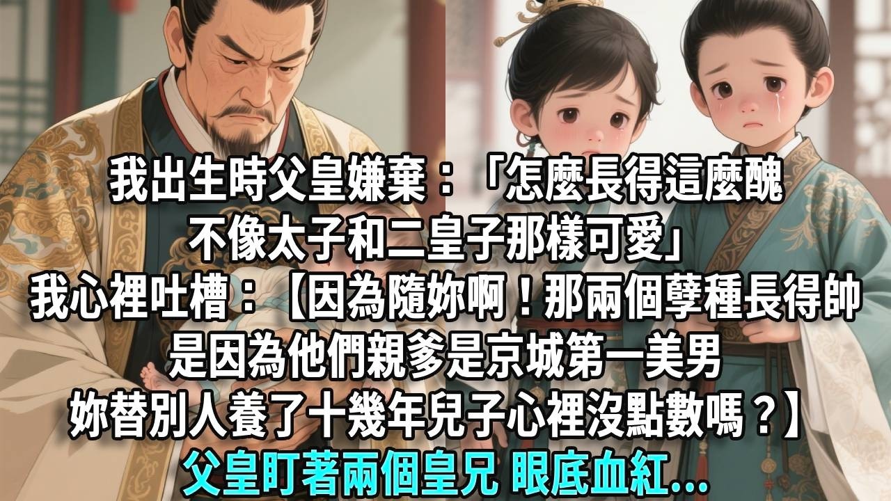 我出生時父皇嫌棄：「長得這麼醜，不像太子和二皇子那樣可愛。」我翻了個白眼，心裡吐槽：【因為我隨你啊！那兩個孽種長得帥，是因為他們親爹是京城第一美男，你替別人養了十幾年兒子心裡沒點數嗎？】父皇的手指像觸