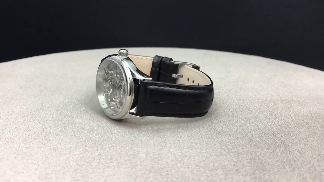 MONTRE SQUELETTE FEMME MECANIQUE ACIER BRACELET CUIR NOIR DAVIS 1680