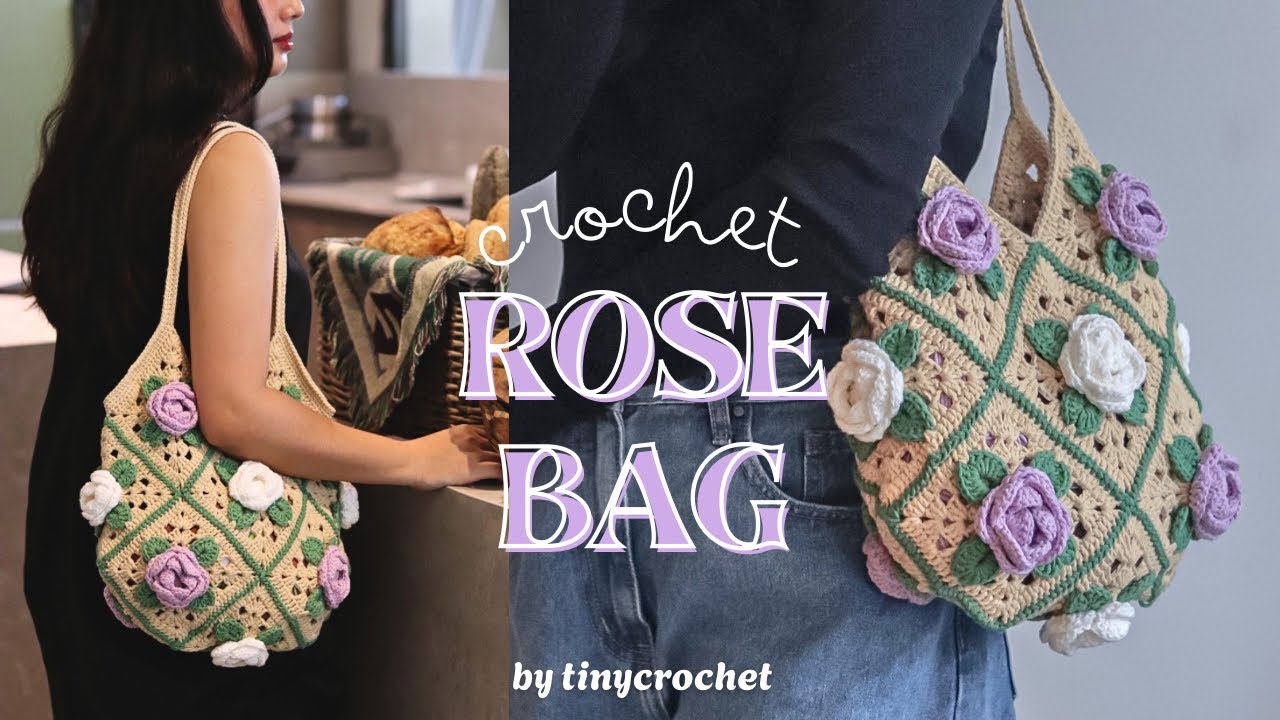 How to crochet rose bag with granny square 🌹 | tinycrochet