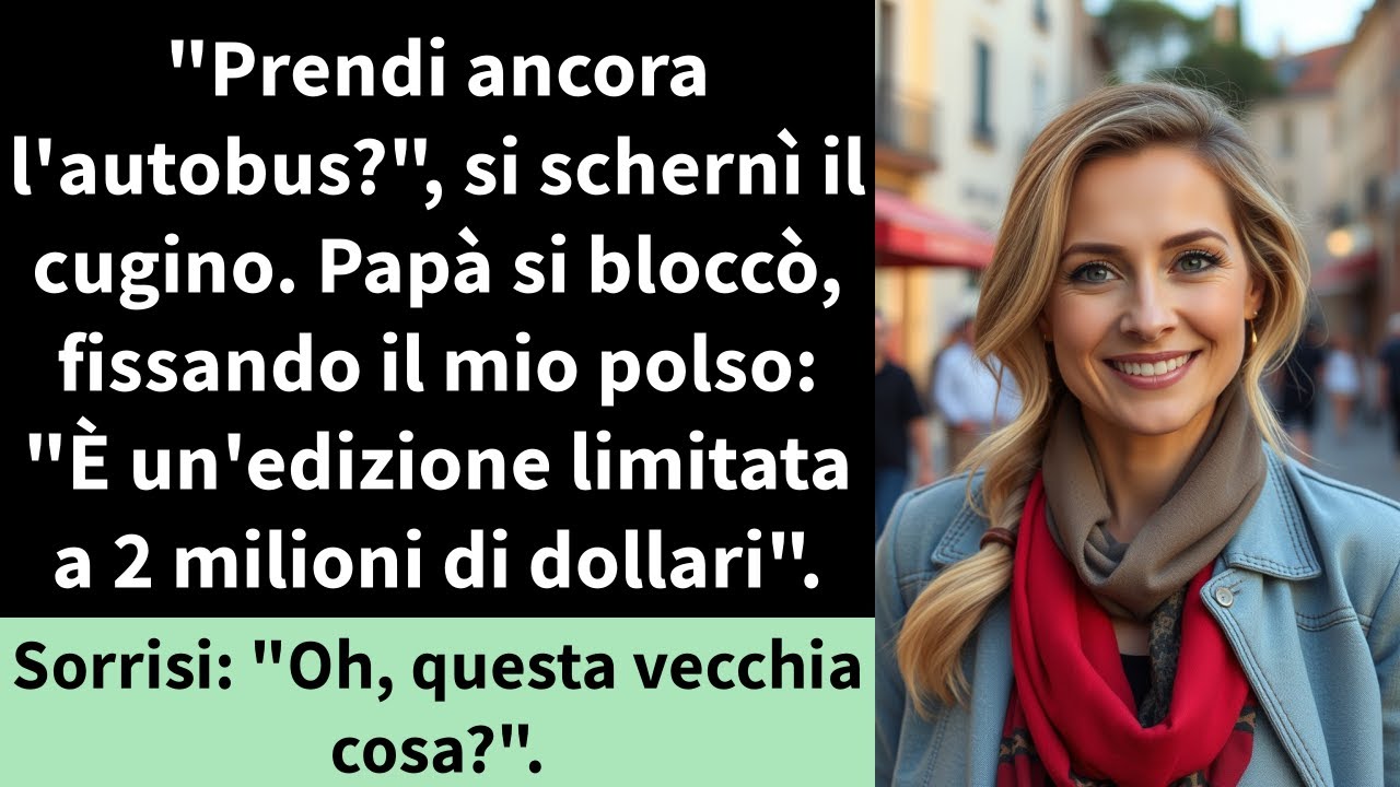 "Prendi ancora l'autobus?", si schernì il cugino. Papà si bloccò, fissando il mio polso: