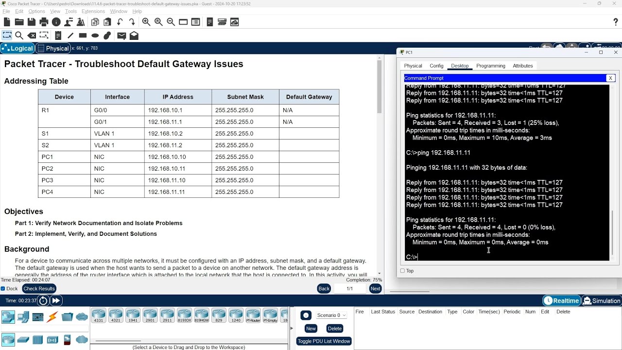 Устранение неполадок с шлюзом по умолчанию — Packet Tracer