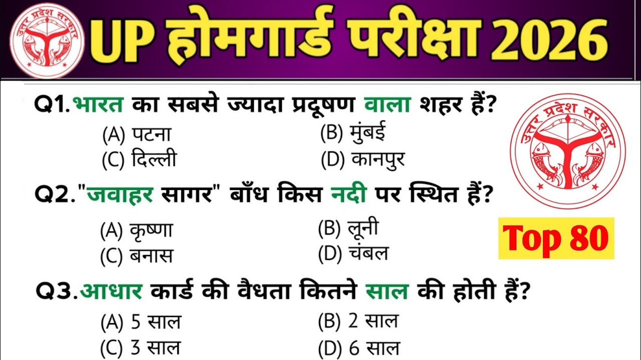 UP Home Guard भर्ती 2025 | UP GK Top 100 Questions | UP Gk Previous Year Questions Paper | Part 1