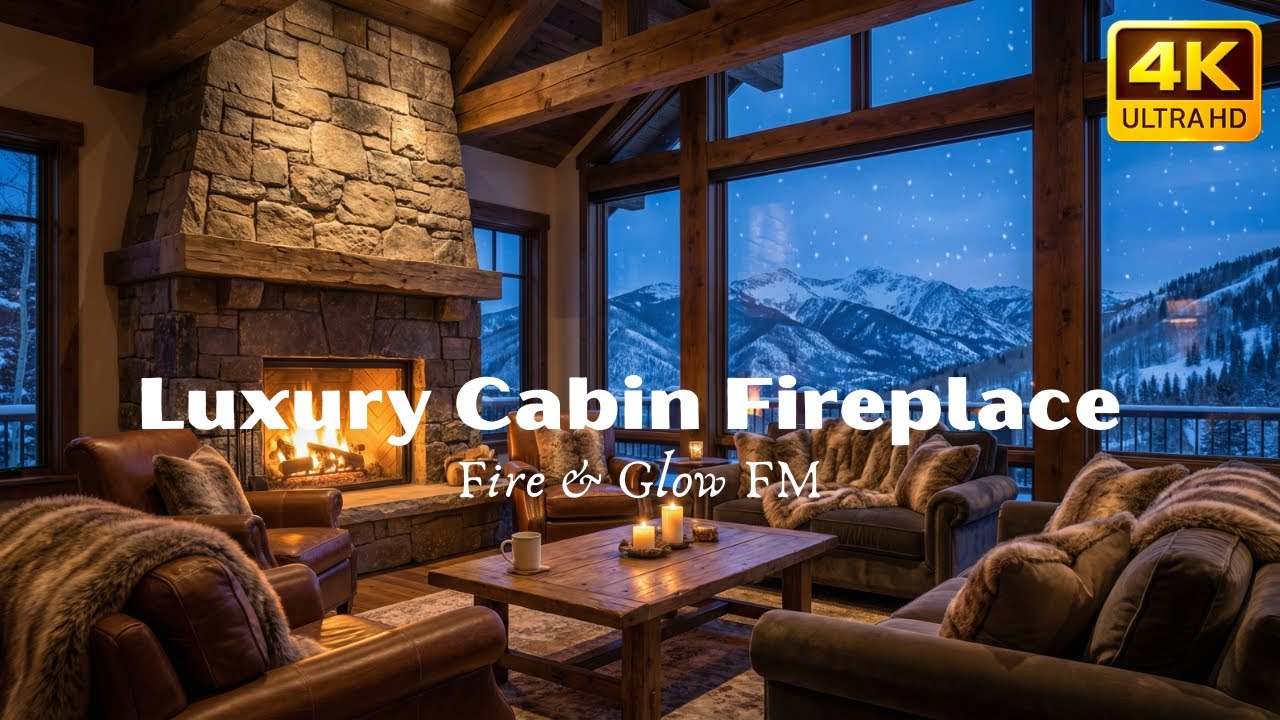 Luxury Winter Cabin Fireplace ❄️ Cozy Snowfall & Fire Sounds for Sleep (3:30 Hours) | Fire & Glow FM