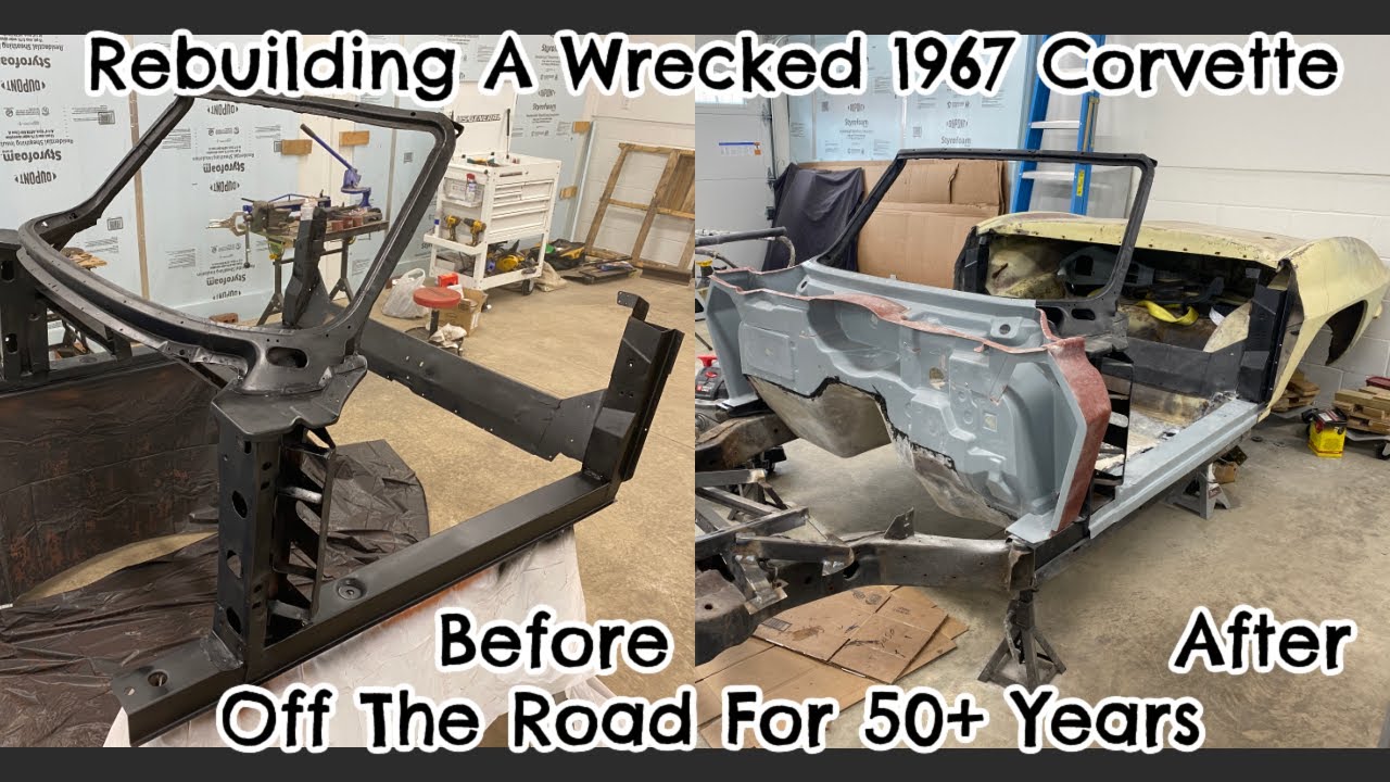 Сборка кузова Corvette Roadster 1967 года. Установка брандмауэра, пола и боковых направляющих.