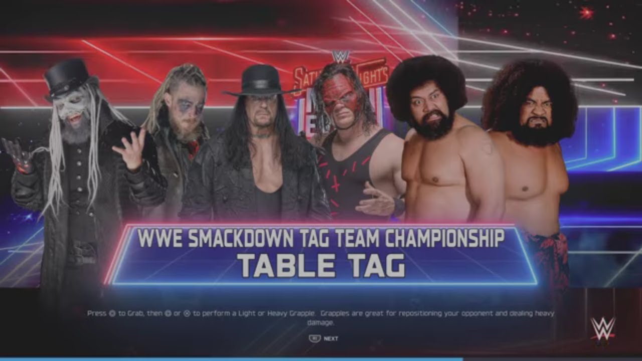 WWE 2K25 Undertaker, Kane VS Howdy, Dexter, Afa, Sika Triple Tag Tables Match WWE SD Tag Tittles