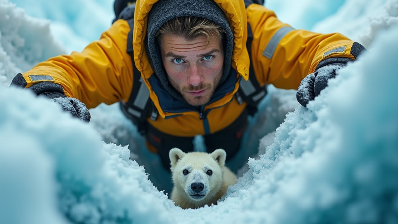 Heart Stopping Rescue: Trapped Polar Bear Cub Saved from Icy Depth | Bear Cub Falls In Crevasse 4KHD