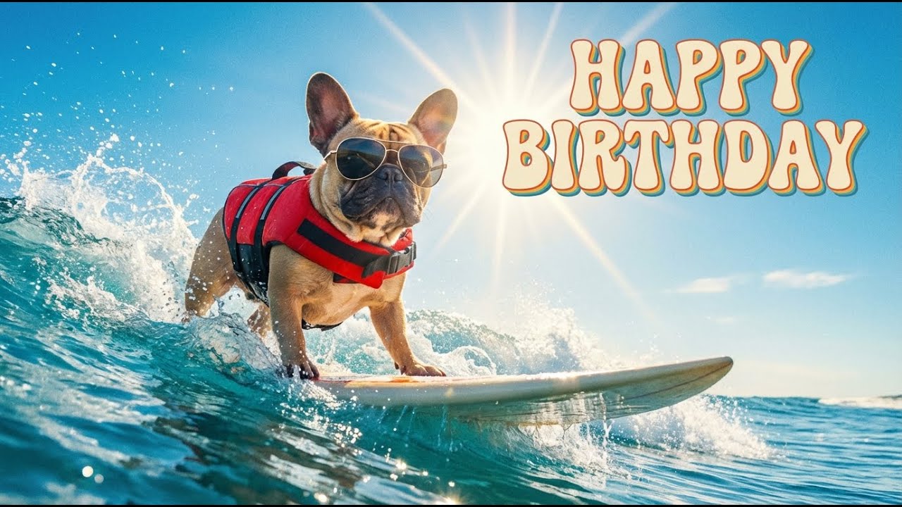 Happy Birthday from a Surfing Frenchie! 🏄‍♂️ | Surf Rock Birthday Song