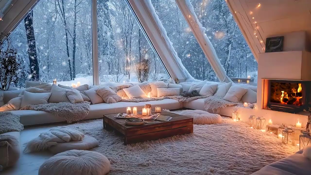Quiet Winter Piano Lounge | Cozy Fireplace Sounds & Snow Outside | Focus Study Work Relax Calm