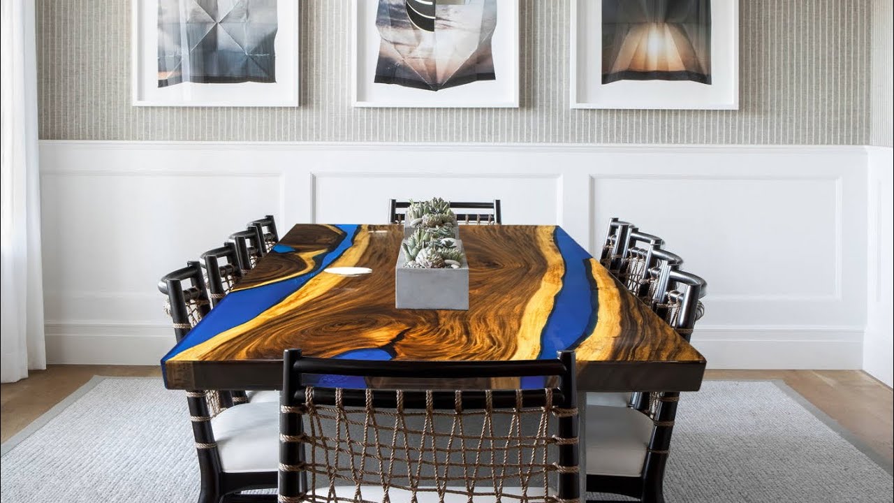 Luxury organice wood slab blue river table  table 10-12 seaters