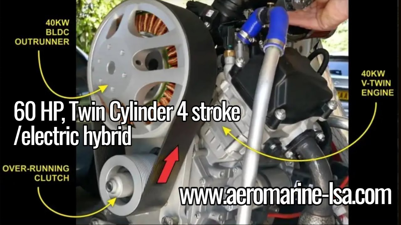 60 HP, V Twin, four stroke, hybrid electric, aircraft engine, from Aeromarine LSA.
