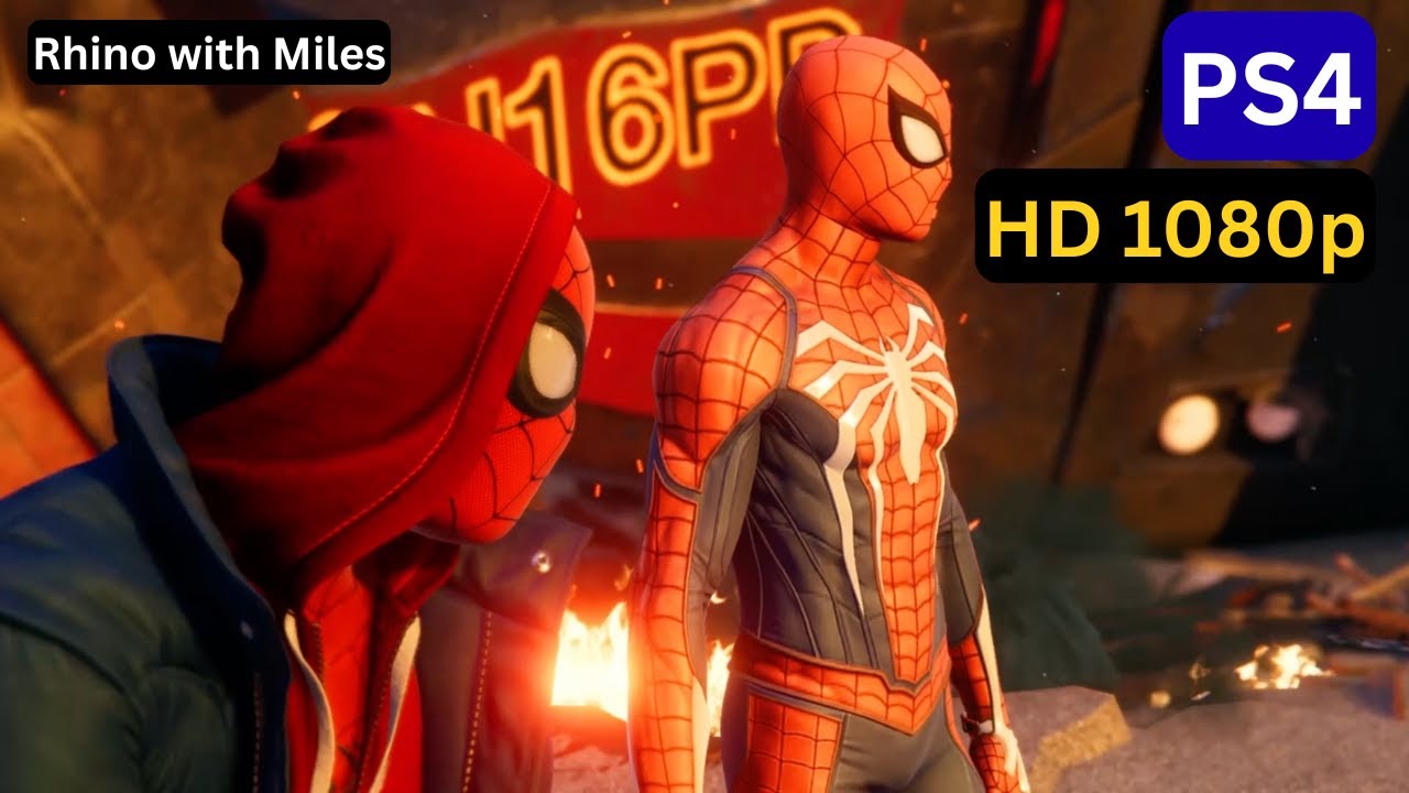 Marvel's Spider Man Miles Morales Rhino Fight PS4 Gameplay | Peter & Miles In Action | 1080p HD