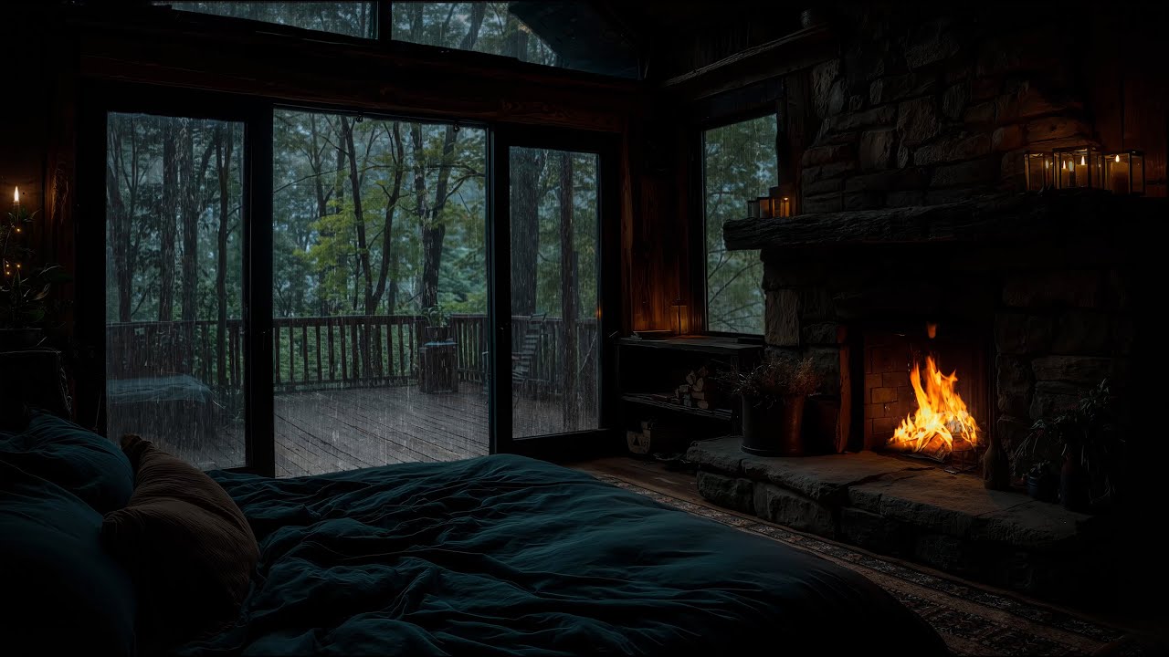 When the Rain Won’t Stop Outside 🌧️ Cozy Cabin Fireplace, Gentle Piano and Night Rain Ambience