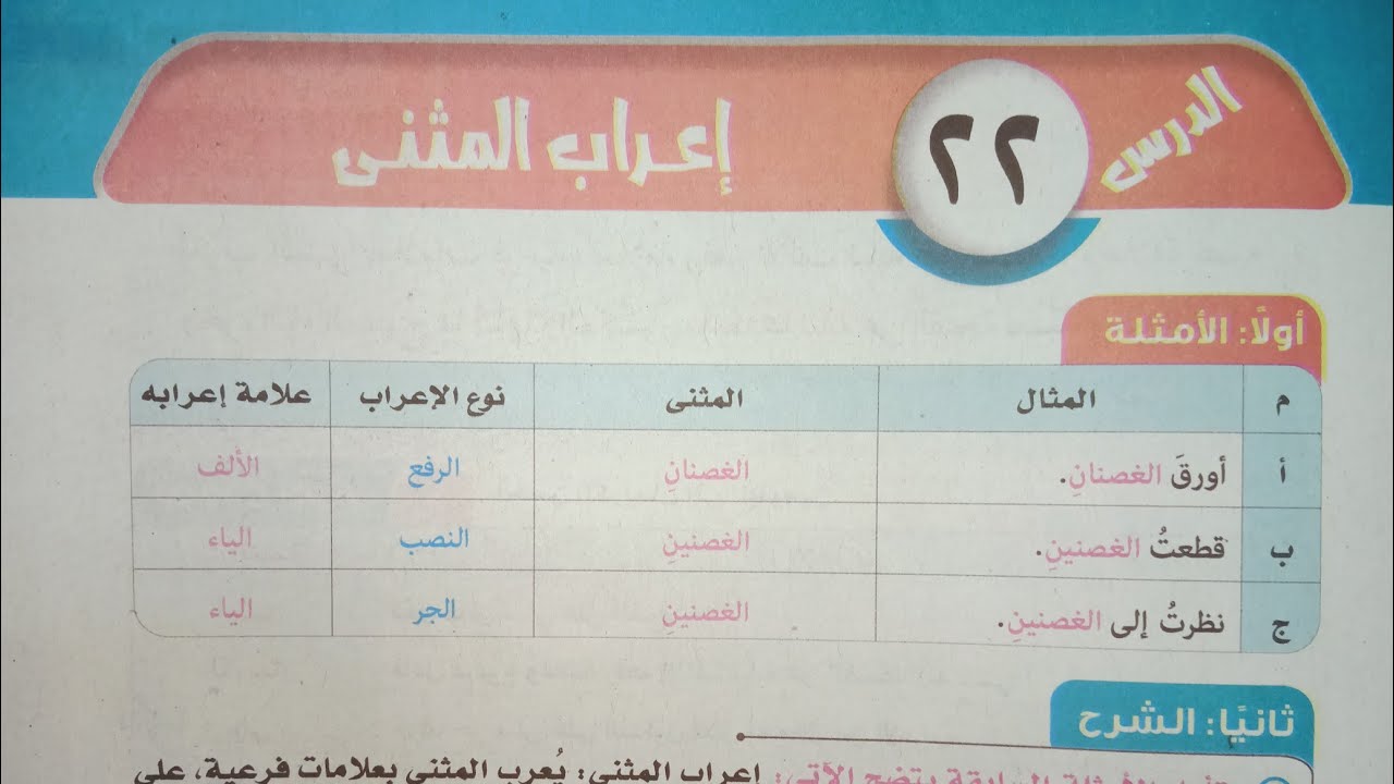 شرح وحل تدريبات درس (إعراب المثنى) للصف الأول الإعدادي الأزهري الترم الأول 2024