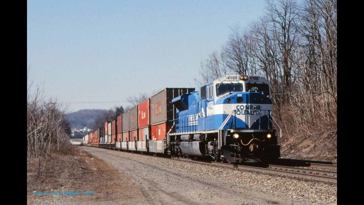 Conrail #4102 SD80MAC alone on a stack train. March 1996