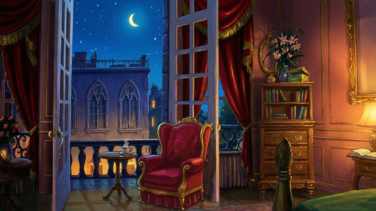 a peaceful night, 1950s with vintage oldies playing in another room (criket sounds)