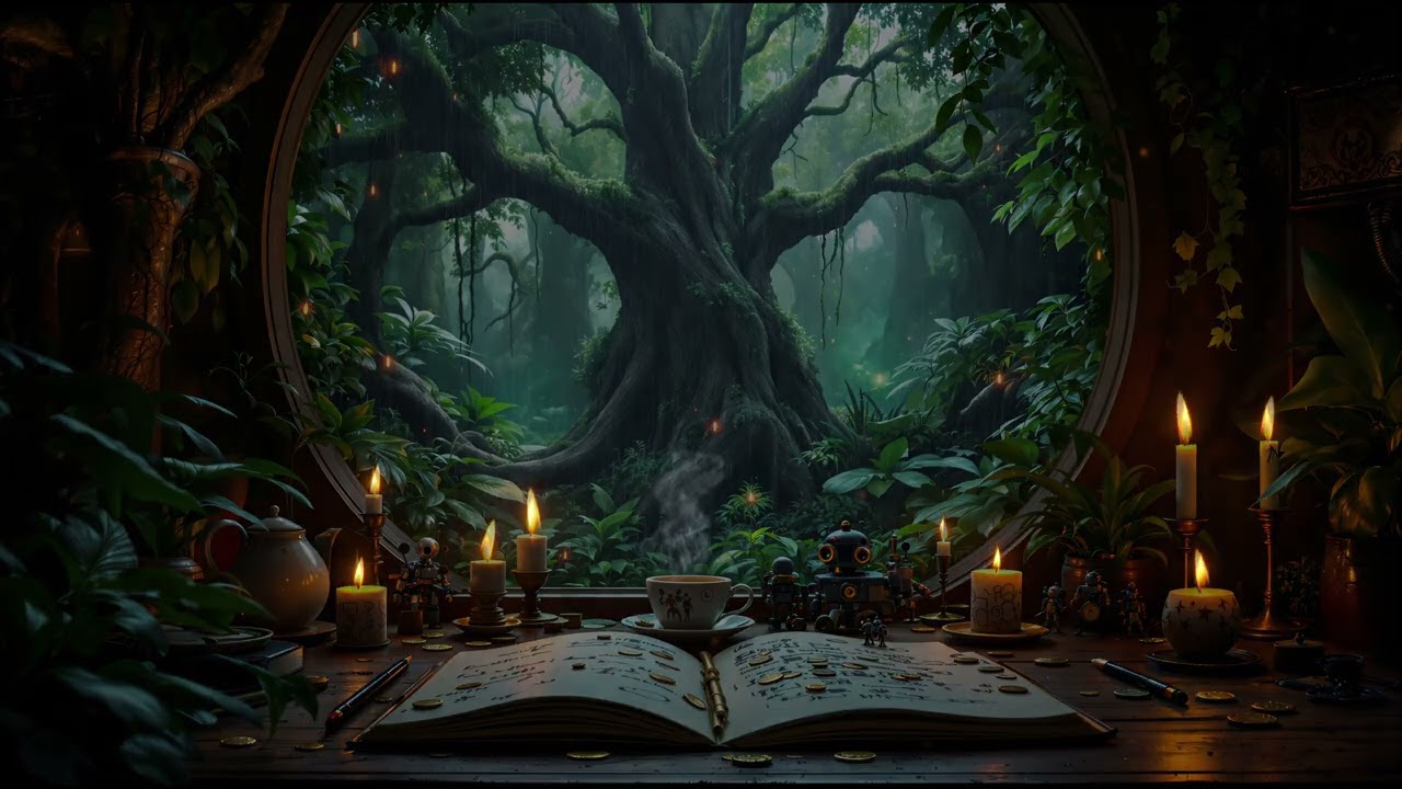 Magical Forest Cabin Ambience - Rain, Crackling Fire & Reading Nook (1 Hour) | AtmoScapesAmbiance