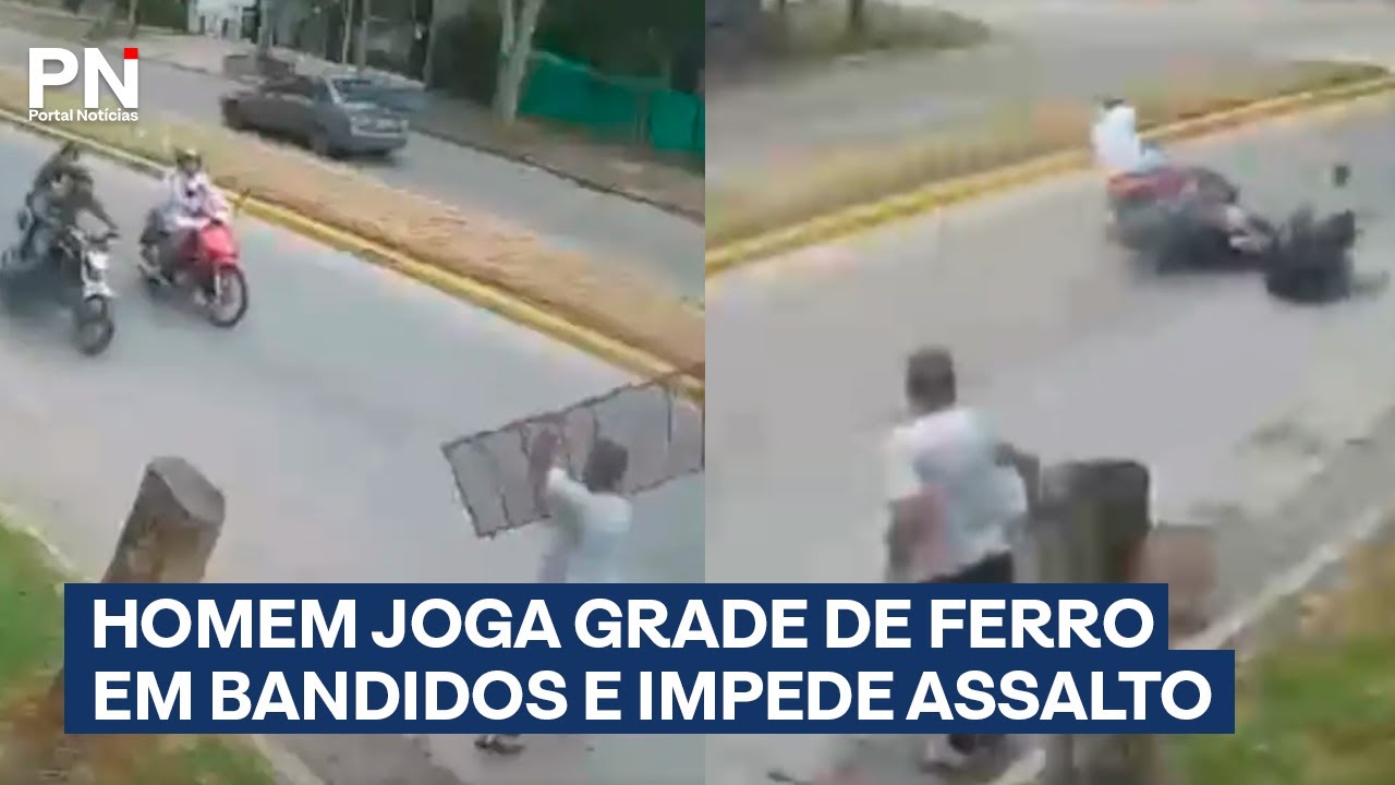 Homem joga grade de ferro e impede roubo de moto