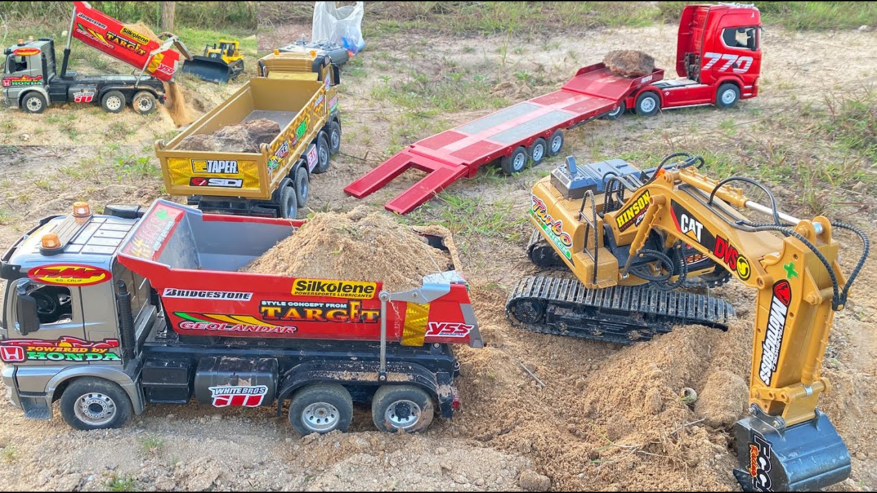 Aksi #17 Excavator Besar Huina 1593, Dump Truk RC Volvo A40G, Huina 1536, Scania RC Muatan Tanah 17