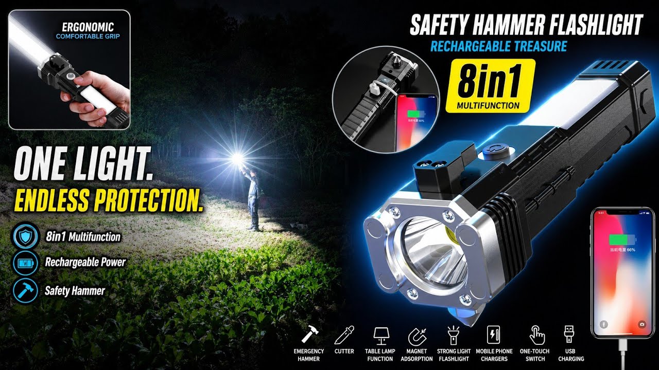 High Brightness LED Flashlight | Rechargeable Torch with Safety Hammer 8 in 1 Multifunctional