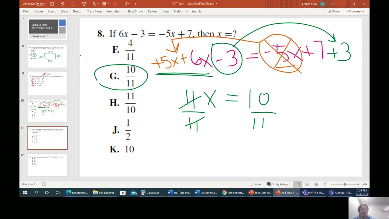 Metallist Math: ACT Math TEST PREP. Test 1, questions 6-10