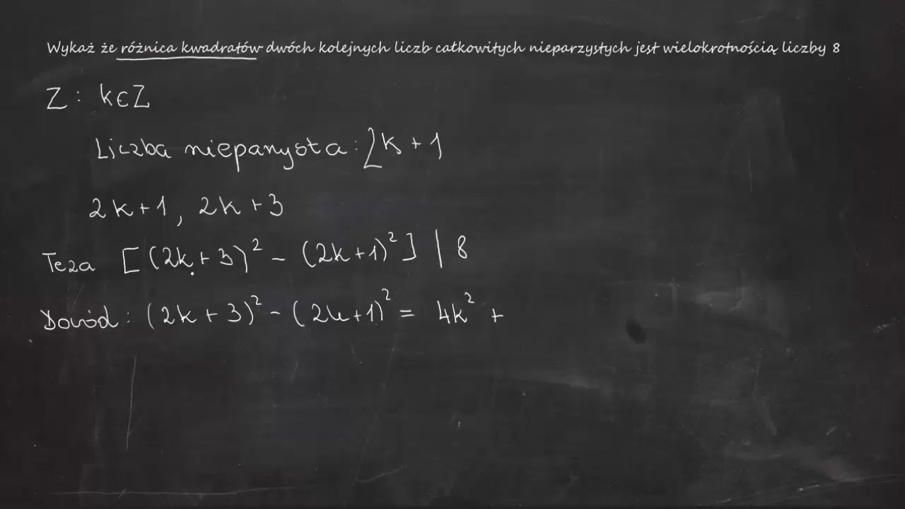 39.  Wykaż że różnica kwadratów dwóch kolejnych liczb całkowitych nieparzystych jest wielokrotnością