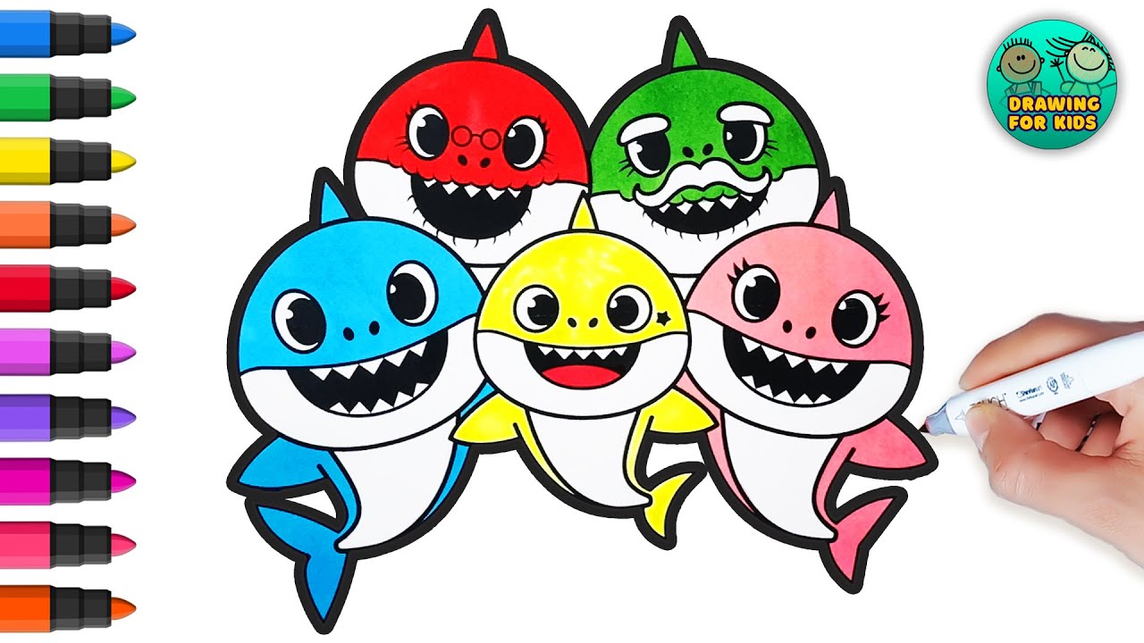 How to draw and color shark family for kids and toddlers | Drawing for kids
