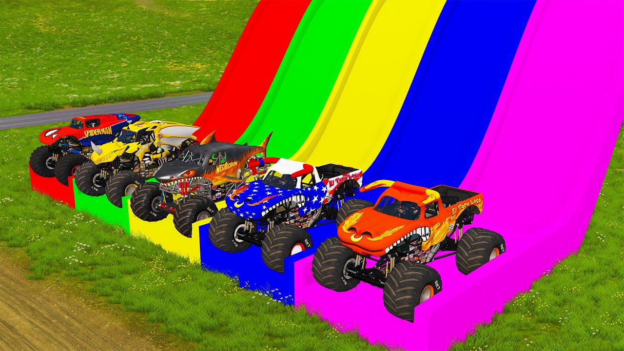 Double Flatbed Trailer Monster Trucks Transport with Slide Color - Cars vs Speed bump - BeamNG #102