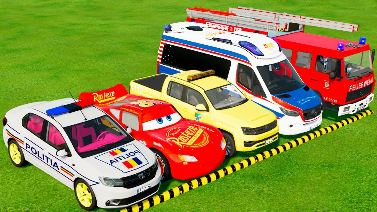 TRANSPORTING PIXAR CARS & FRUITS WITH COLORED & JOHN DEERE vs CLAAS vs TRACTORS - BeamNG.drive #228